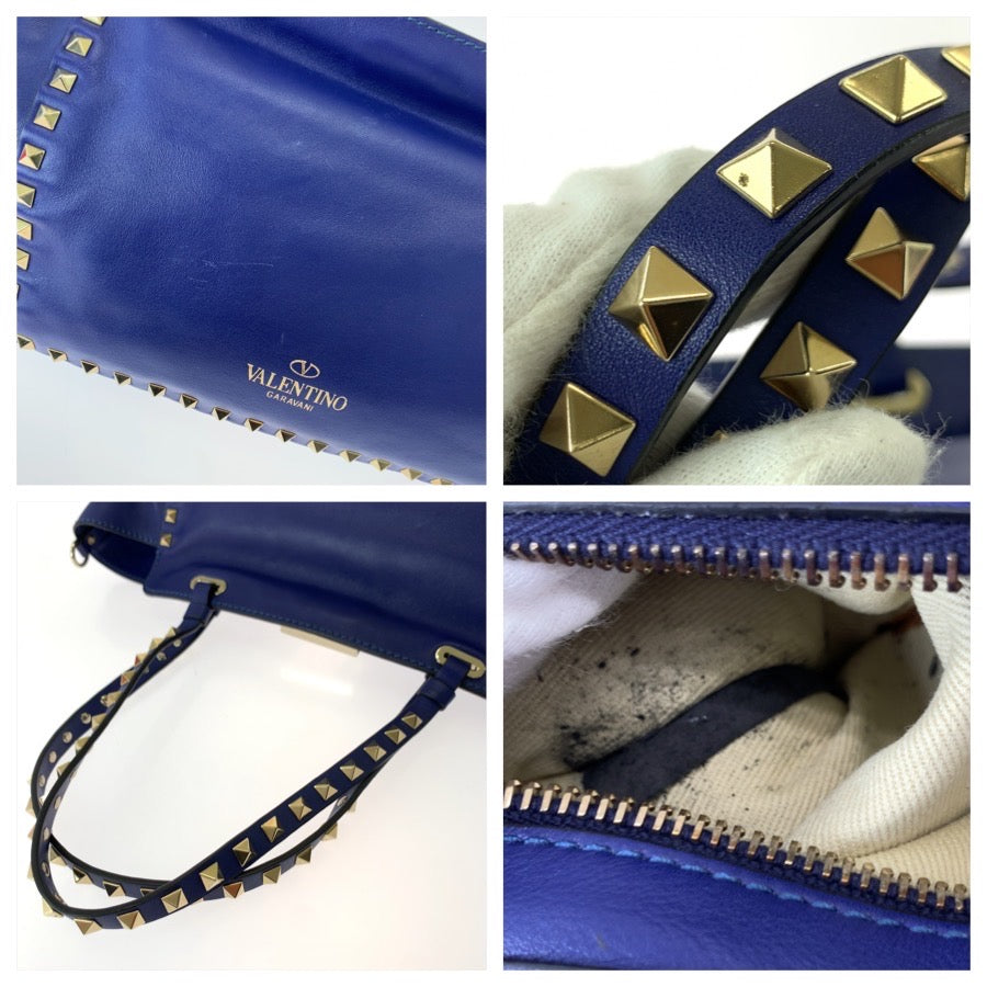 VALENTINO ヴァレンティノ ロックスタッズ 2way ブルー ゴールド金具 レザー トートバッグ ショルダーバッグ レディース AB49
