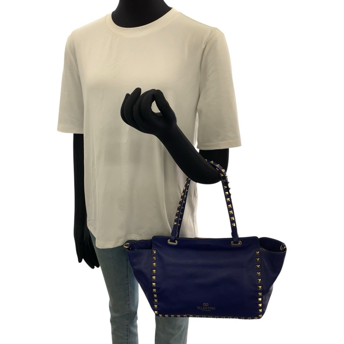 VALENTINO ヴァレンティノ ロックスタッズ 2way ブルー ゴールド金具 レザー トートバッグ ショルダーバッグ レディース AB49
