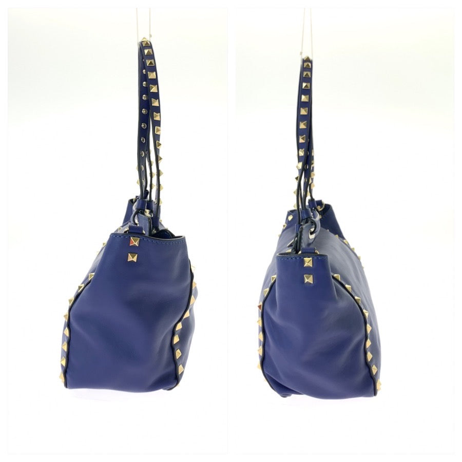 VALENTINO ヴァレンティノ ロックスタッズ 2way ブルー ゴールド金具 レザー トートバッグ ショルダーバッグ レディース AB49