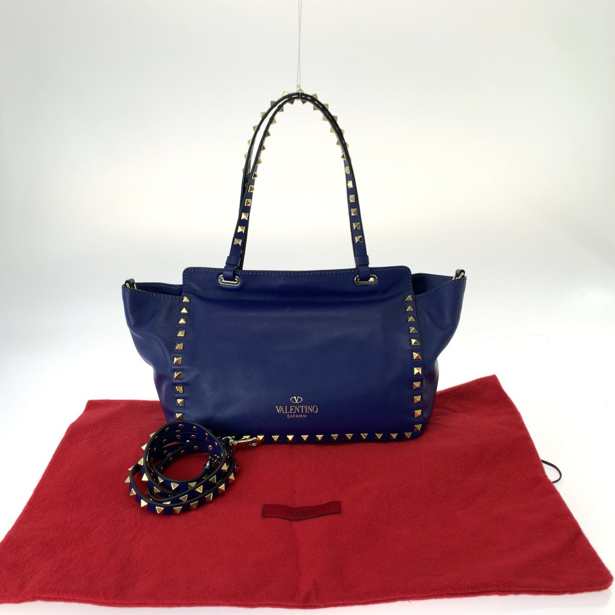 VALENTINO ヴァレンティノ ロックスタッズ 2way ブルー ゴールド金具 レザー トートバッグ ショルダーバッグ レディース AB49
