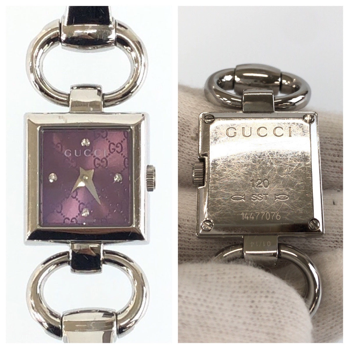 GUCCI グッチ ホースビット トルナヴォーニ パープル シルバー金具 ステンレススチール 120 腕時計 クオーツ パープル文字盤 レディース AB33