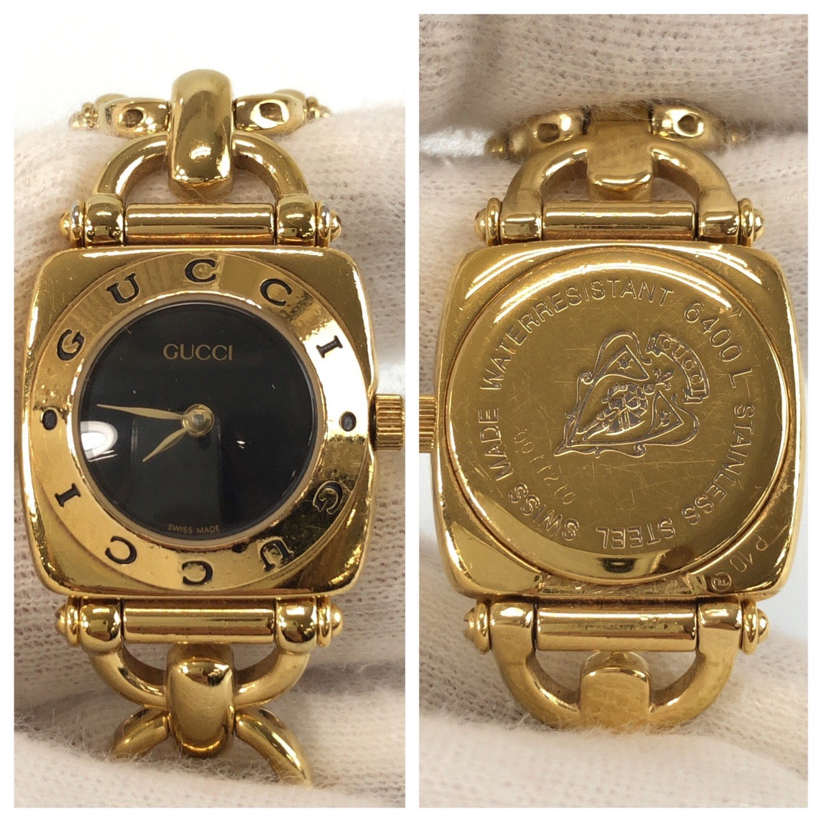 GUCCI グッチ ホースビット ブレスウォッチ ブラック 黒 ゴールド金具 ステンレススチール 6400L 腕時計 クオーツ ブラック文字盤 レディース ABP38