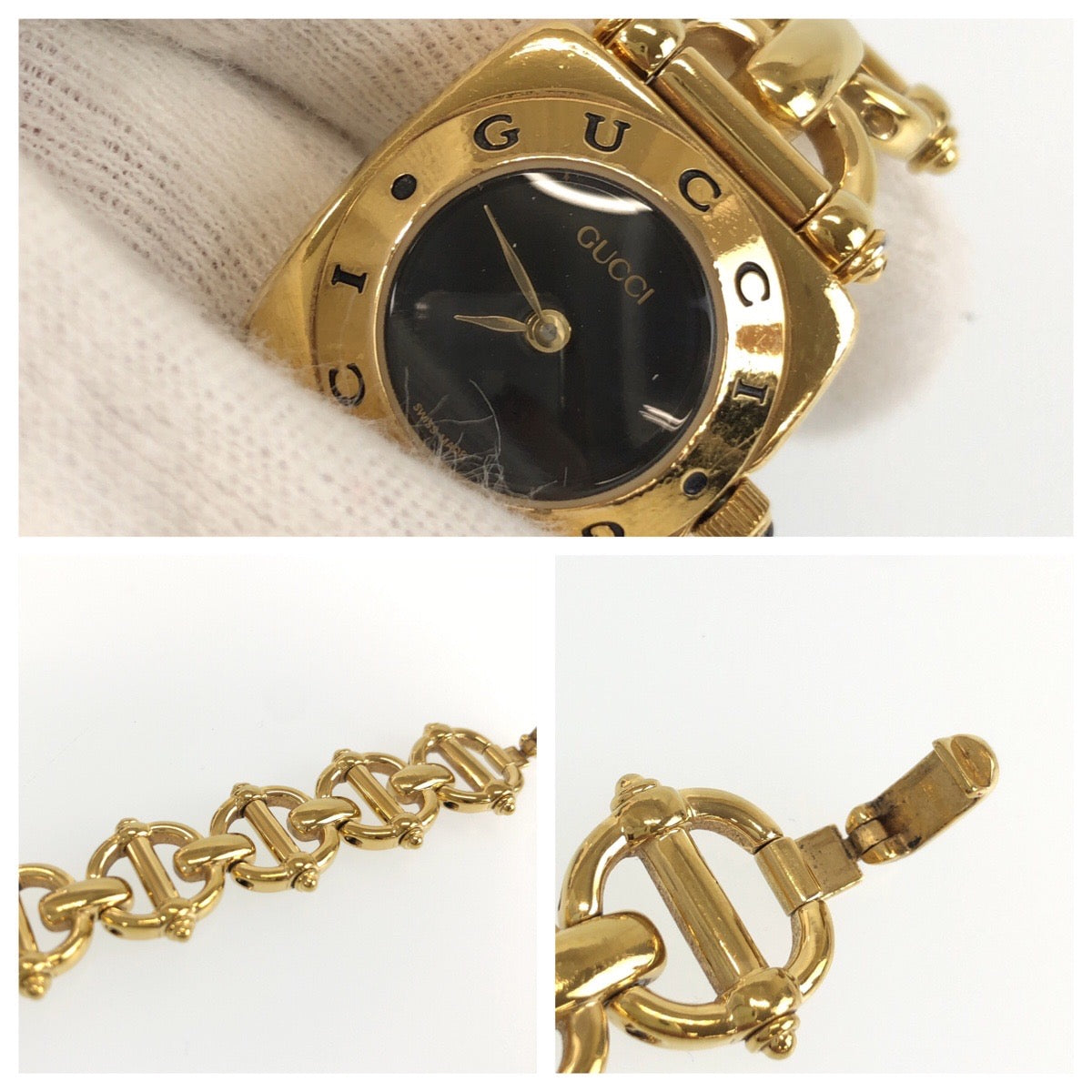 GUCCI グッチ ホースビット ブレスウォッチ ブラック 黒 ゴールド金具 ステンレススチール 6400L 腕時計 クオーツ ブラック文字盤 レディース ABP38