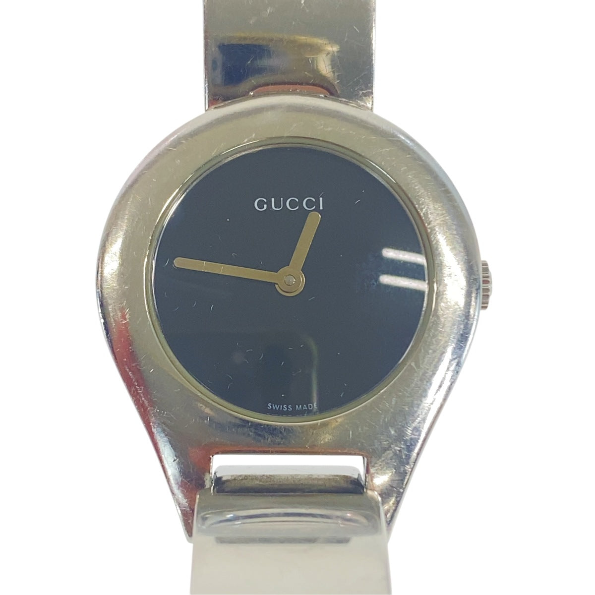 GUCCI グッチ ヴィンテージ シルバー ステンレススチール 6700L バングルウォッチ 腕時計 クオーツ ブラック文字盤 レディース AB23