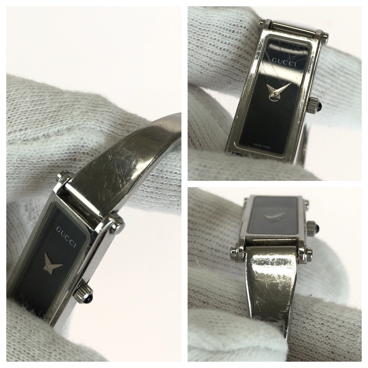 GUCCI グッチ 1500L バングルウォッチ ブラック 黒 シルバー金具 ステンレススチール YA015555 腕時計 S刻印 クオーツ ブラック文字盤 レディース AB20