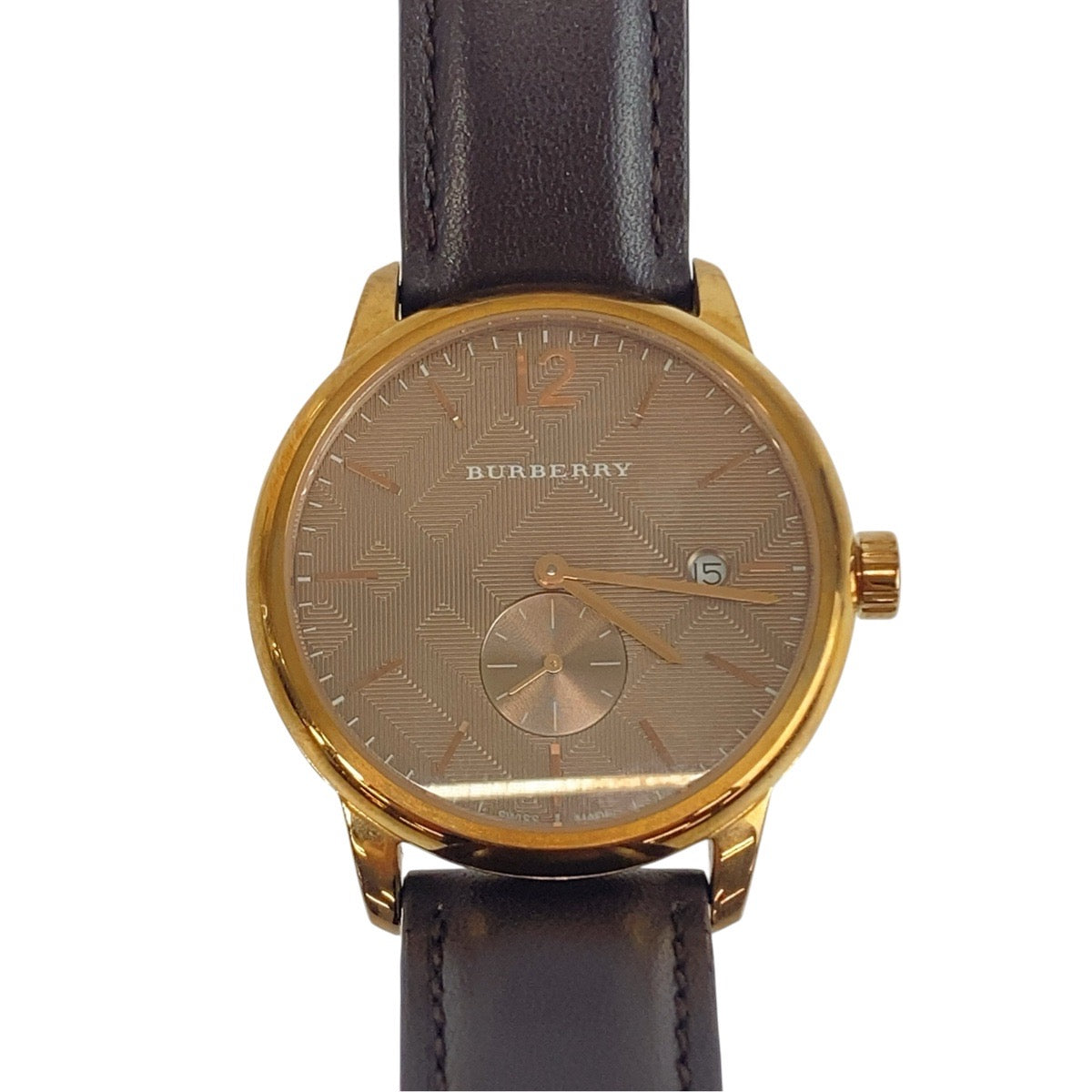 BURBERRY バーバリー ザ・クラシック チェック柄 ブラウン ローズゴールド金具 ステンレススチール / レザー / サファイアクリスタル BU10012 腕時計 50M/165FEET刻印 クオーツ ダークブラウン文字盤 メンズ ABP28