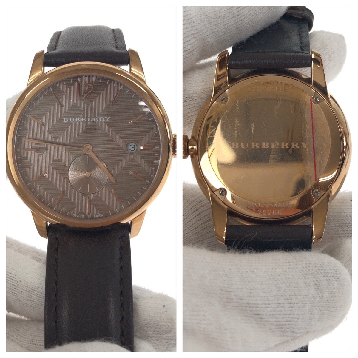 BURBERRY バーバリー ザ・クラシック チェック柄 ブラウン ローズゴールド金具 ステンレススチール / レザー / サファイアクリスタル BU10012 腕時計 50M/165FEET刻印 クオーツ ダークブラウン文字盤 メンズ ABP28