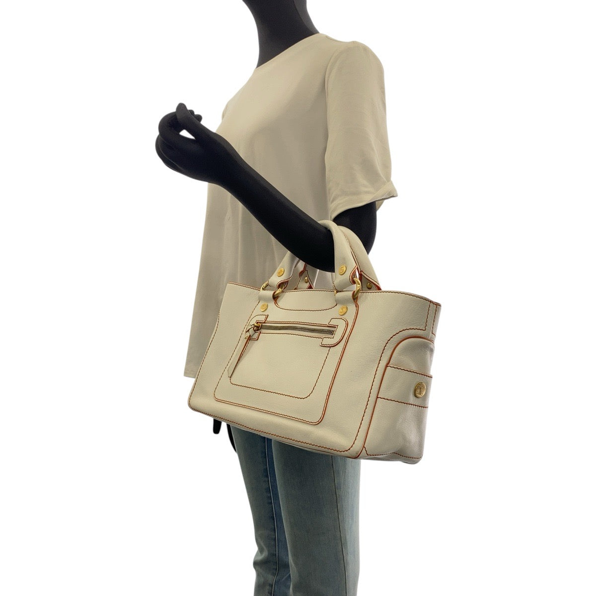 CELINE セリーヌ ブギーバッグ ホワイト オレンジ ゴールド金具 レザー トートバッグ ハンドバッグ レディース AB35