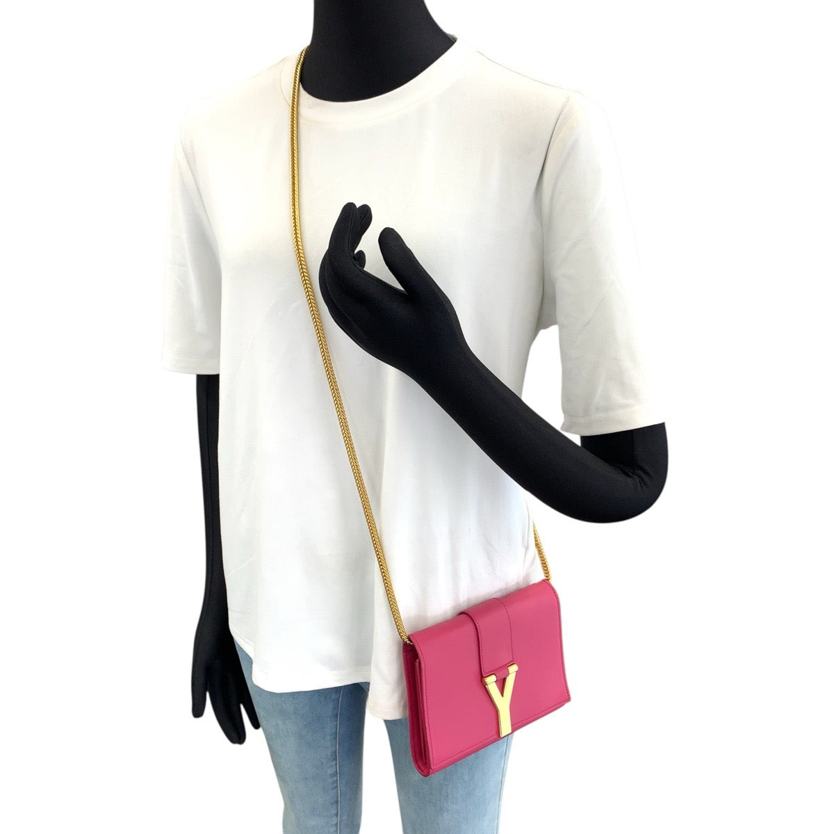 SAINT LAURENT サンローラン クラシック Yライン サッチェル スモール 2way ピンク ゴールド金具 レザー / メタル 311215 チェーンショルダーバッグ クラッチバッグ レディース ABP73