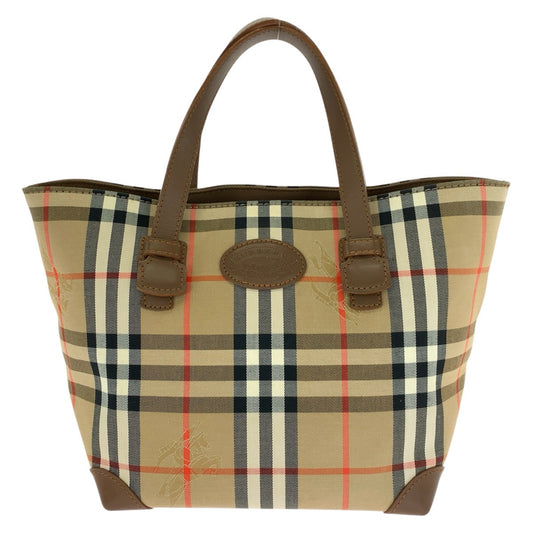 BURBERRY バーバリー チェック柄 ベージュ ブラウン ゴールド金具 キャンバス / レザー ハンドバッグ トートバッグ レディース AB30