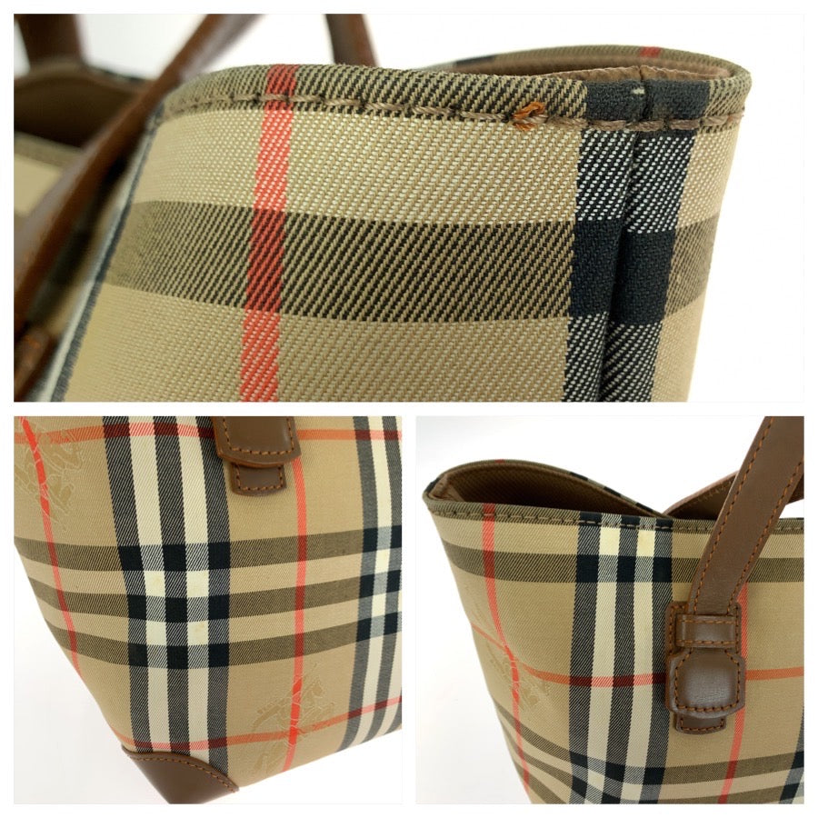 BURBERRY バーバリー チェック柄 ベージュ ブラウン ゴールド金具 キャンバス / レザー ハンドバッグ トートバッグ レディース AB30