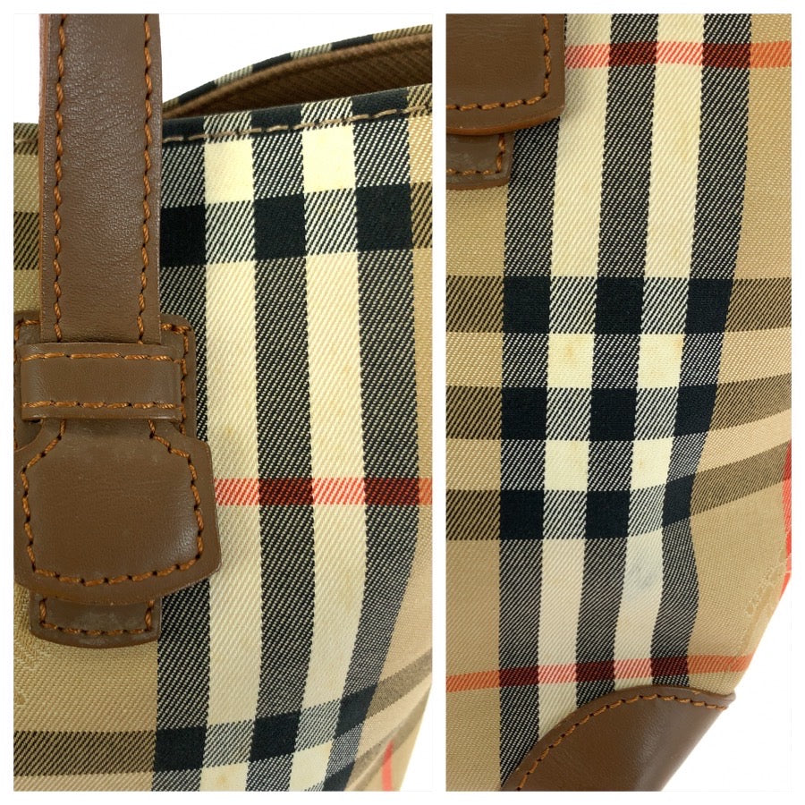 BURBERRY バーバリー チェック柄 ベージュ ブラウン ゴールド金具 キャンバス / レザー ハンドバッグ トートバッグ レディース AB30