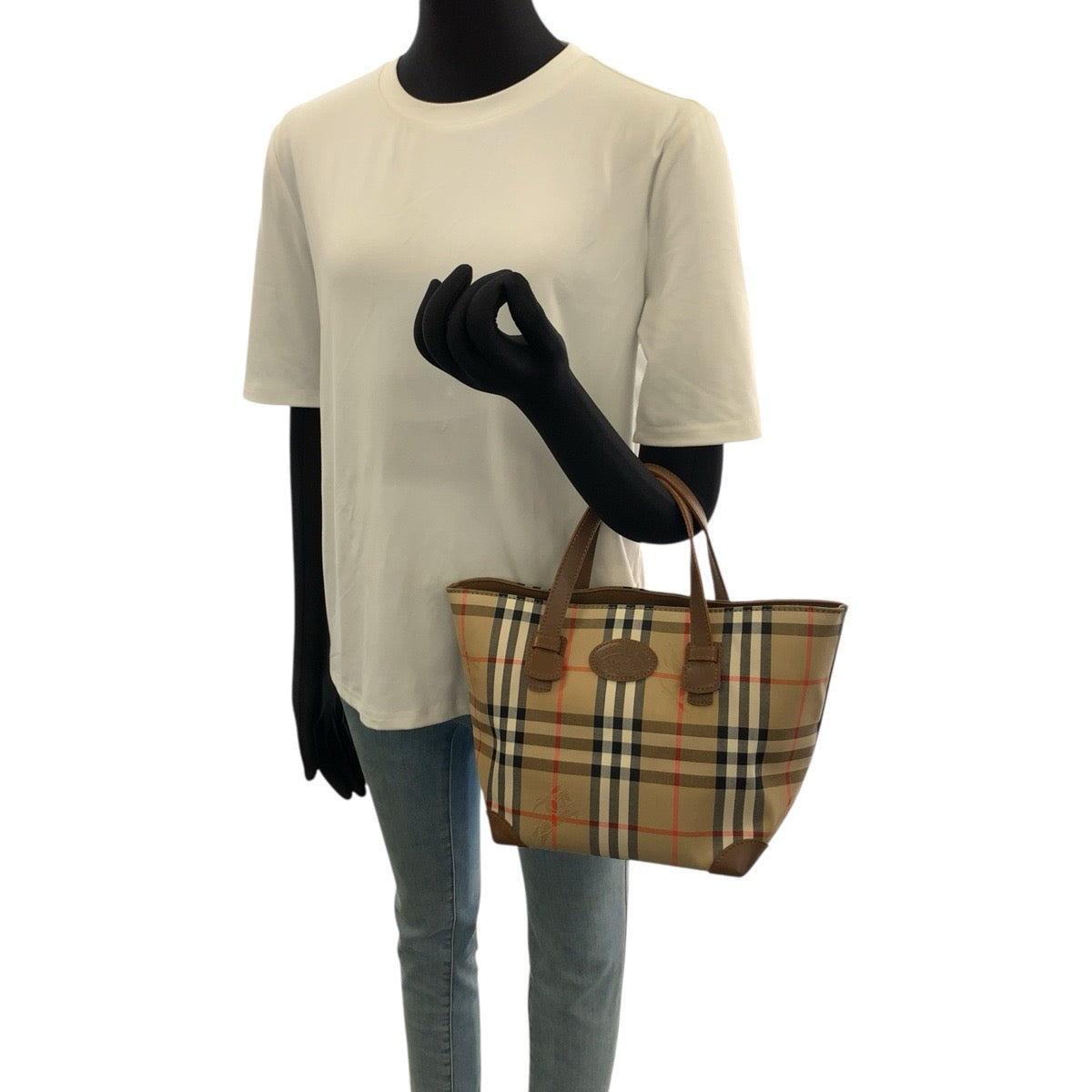 BURBERRY バーバリー チェック柄 ベージュ ブラウン ゴールド金具 キャンバス / レザー ハンドバッグ トートバッグ レディース AB30