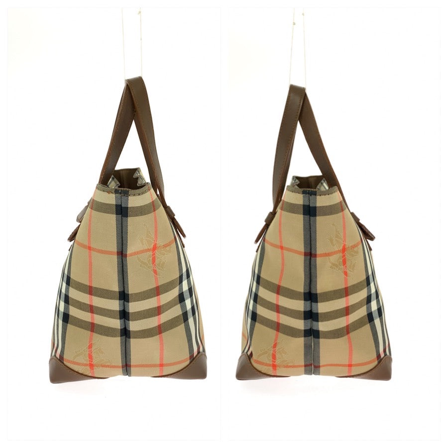 BURBERRY バーバリー チェック柄 ベージュ ブラウン ゴールド金具 キャンバス / レザー ハンドバッグ トートバッグ レディース AB30