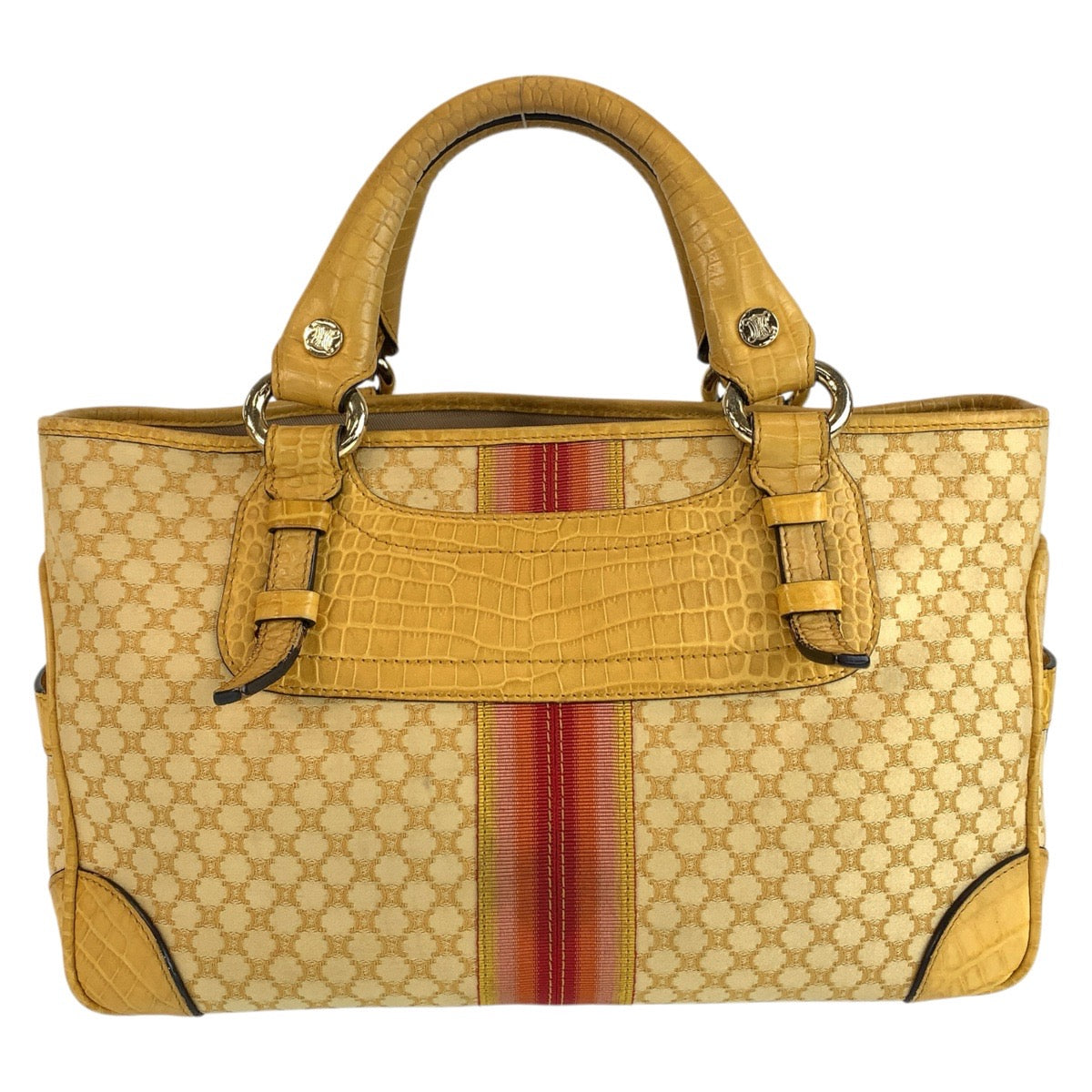 CELINE セリーヌ ヴィンテージ マカダム柄 イエロー キャンバス / レザー ハンドバッグ トートバッグ レディース AB29