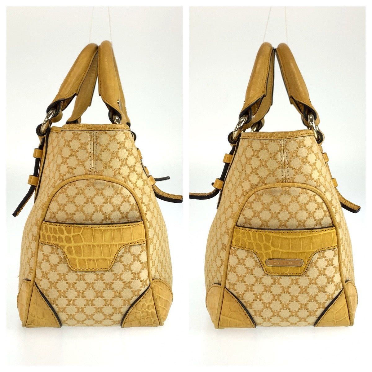 CELINE セリーヌ ヴィンテージ マカダム柄 イエロー キャンバス / レザー ハンドバッグ トートバッグ レディース AB29