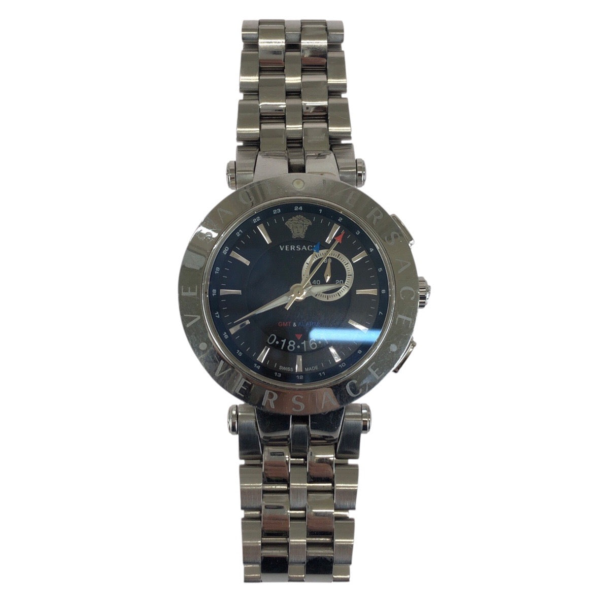 VERSACE ヴェルサーチ メデューサ V-RACE GMT ALARM ネイビー シルバー金具 ステンレススチール 29G99D009S099 腕時計 クオーツ ダークネイビー文字盤 メンズ AB50