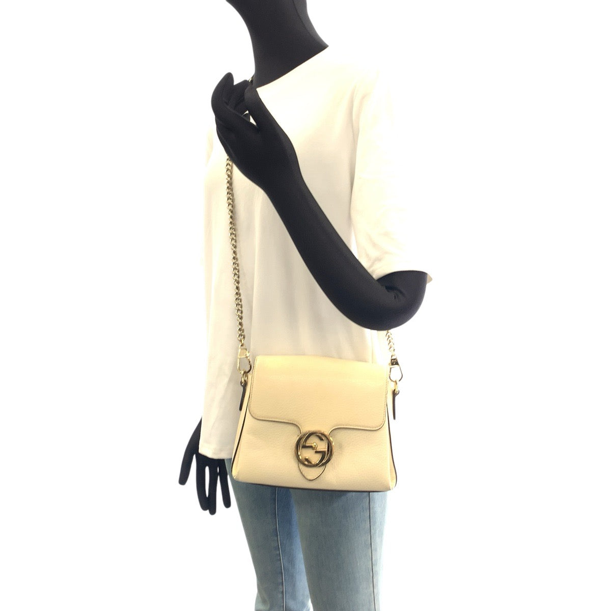 GUCCI グッチ インターロッキングG ホワイト アイボリー ゴールド金具 レザー 607720 チェーンショルダーバッグ レディース AB70