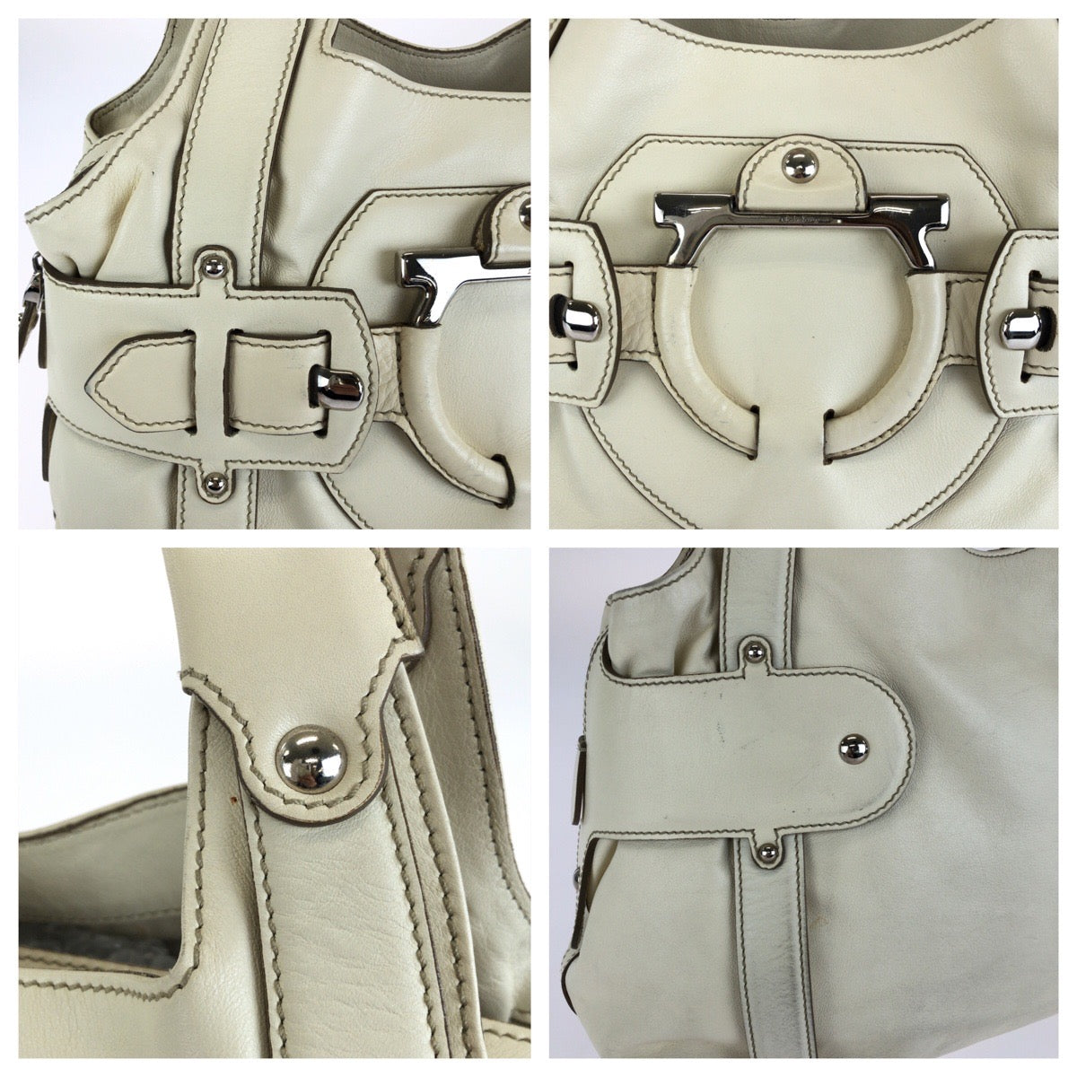 Salvatore Ferragamo サルヴァトーレフェラガモ ガンチーニ ホワイト オフホワイト シルバー金具 レザー AQ-21 7776 ハンドバッグ レディース AB40