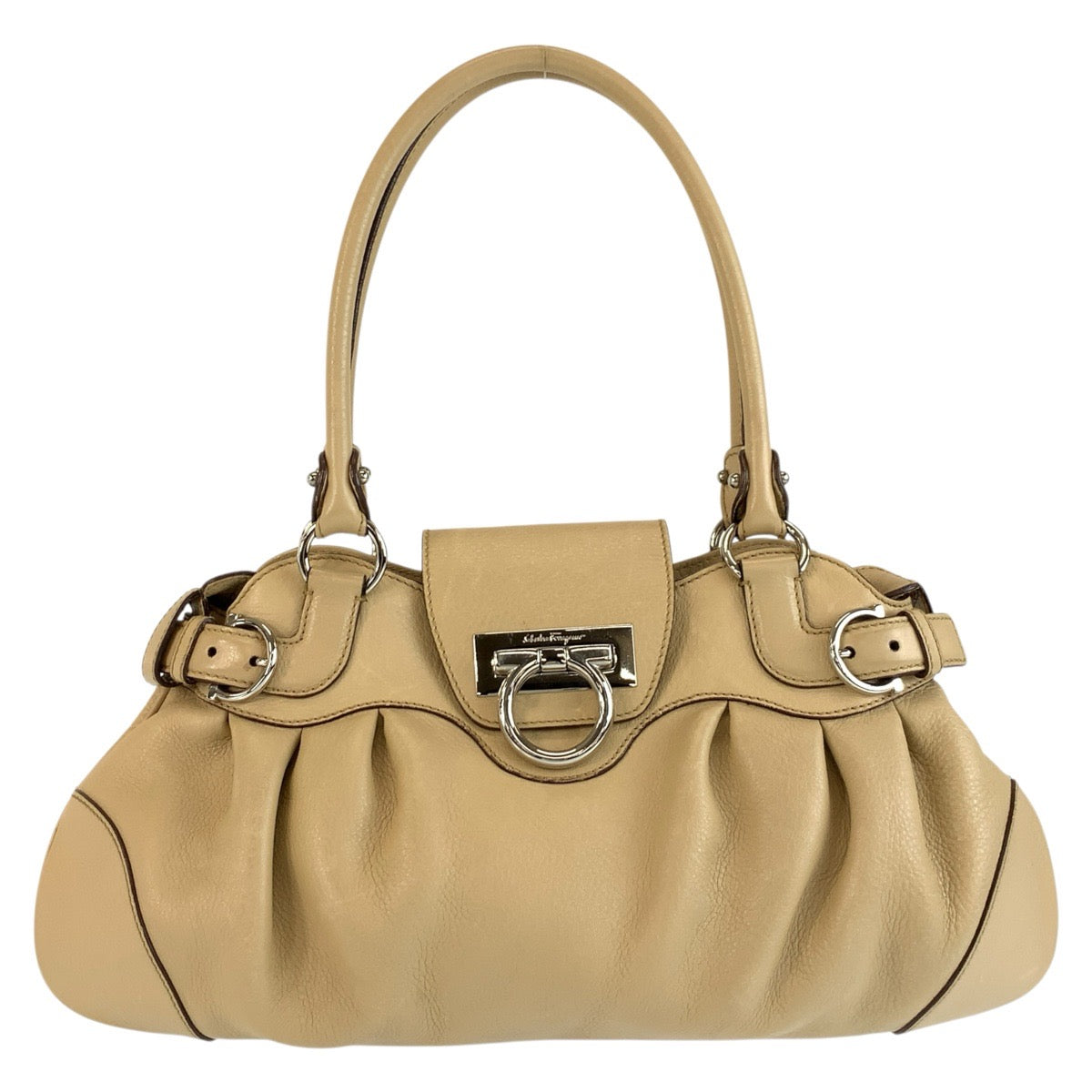 Salvatore Ferragamo サルヴァトーレフェラガモ ガンチーニ マリッサ ベージュ シルバー金具 レザー AU-21/6317 ハンドバッグ ショルダーバッグ レディース ABP33