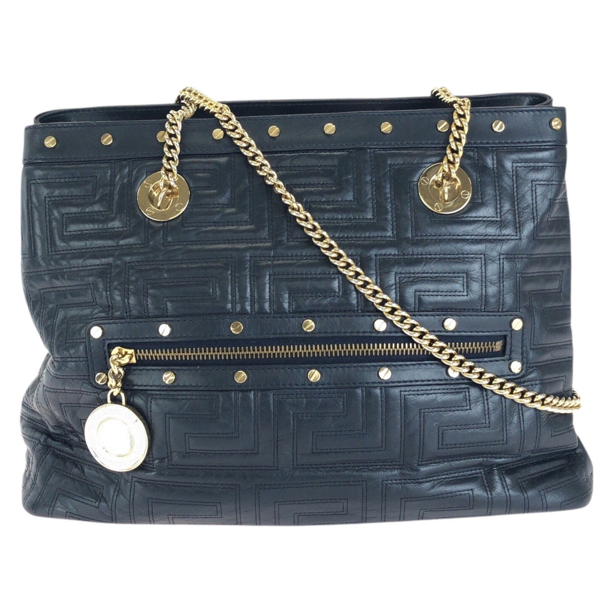 VERSACE ヴェルサーチ ヴィンテージ グレカ メデューサ ネイビー ゴールド金具 レザー チェーンショルダーバッグ トートバッグ レディース AB30