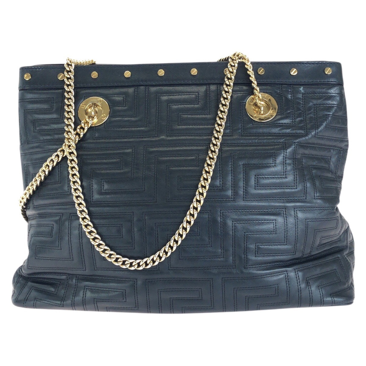 VERSACE ヴェルサーチ ヴィンテージ グレカ メデューサ ネイビー ゴールド金具 レザー チェーンショルダーバッグ トートバッグ レディース AB30