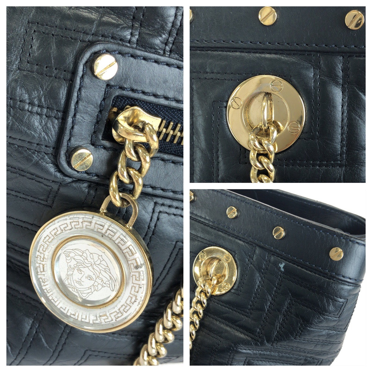 VERSACE ヴェルサーチ ヴィンテージ グレカ メデューサ ネイビー ゴールド金具 レザー チェーンショルダーバッグ トートバッグ レディース AB30