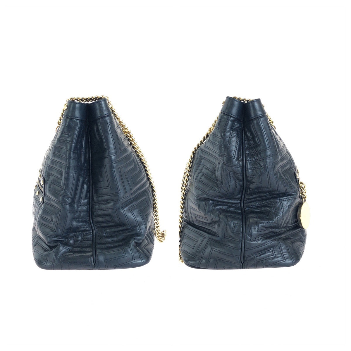 VERSACE ヴェルサーチ ヴィンテージ グレカ メデューサ ネイビー ゴールド金具 レザー チェーンショルダーバッグ トートバッグ レディース AB30
