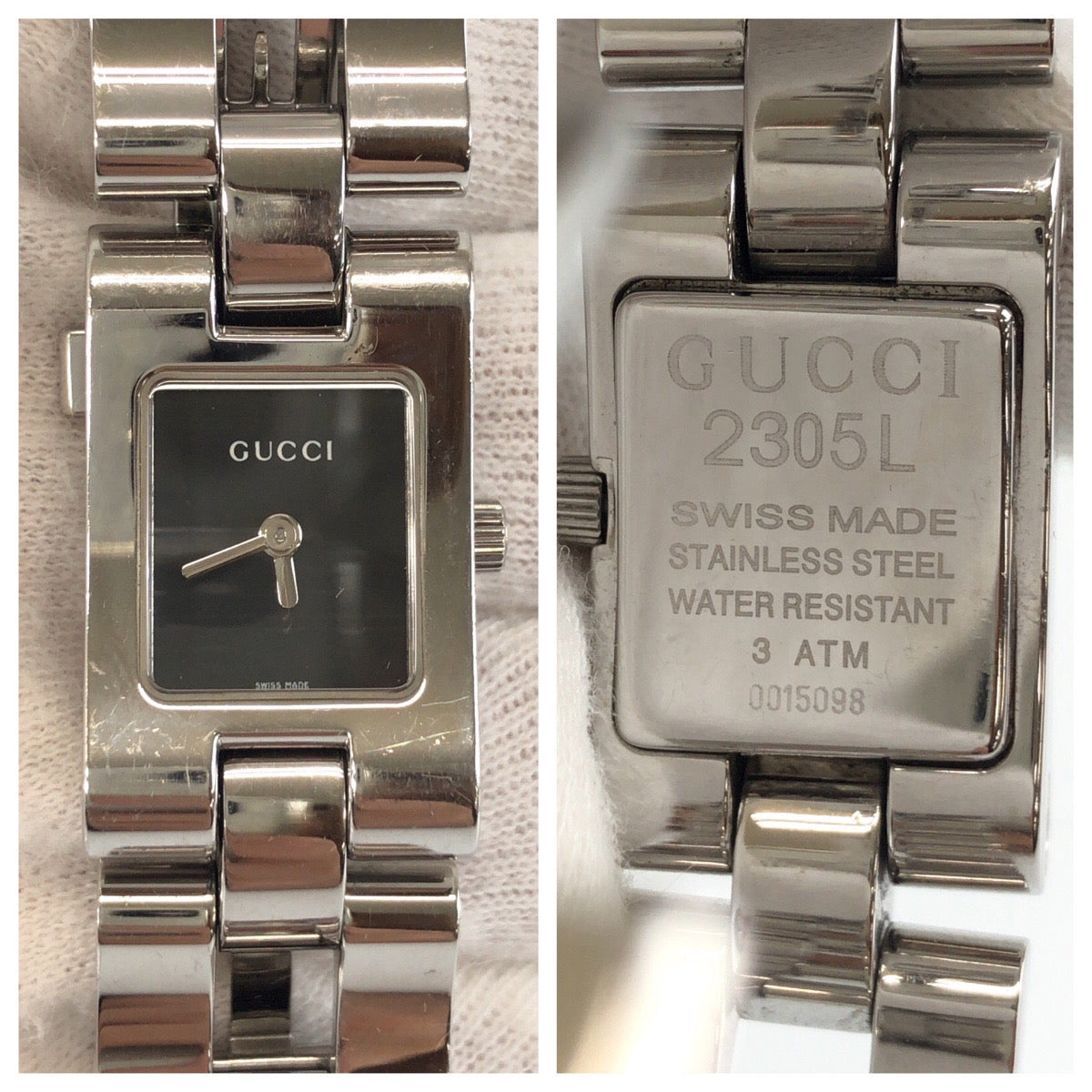 GUCCI グッチ バングルウォッチ ブラック 黒 シルバー金具 ステンレススチール 2305L 腕時計 3 ATM刻印 クオーツ ブラック文字盤 レディース ABP24
