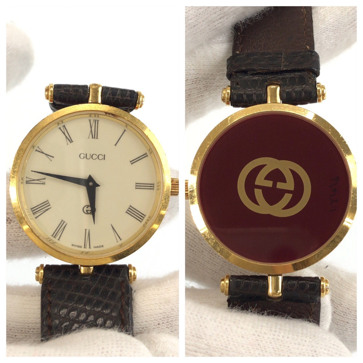 GUCCI グッチ ヴィンテージ オールドグッチ シェリーライン 型押し ブラウン ゴールド金具 メッキ / レザー 2040M 腕時計 16刻印 クオーツ アイボリー文字盤 メンズ B16