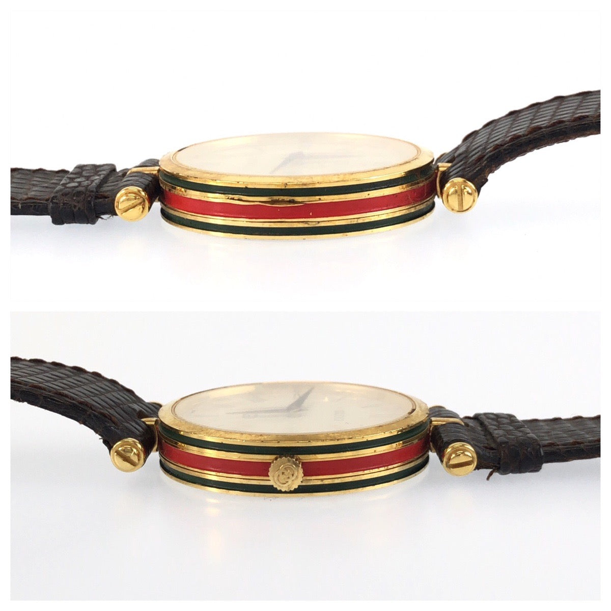 GUCCI グッチ ヴィンテージ オールドグッチ シェリーライン 型押し ブラウン ゴールド金具 メッキ / レザー 2040M 腕時計 16刻印 クオーツ アイボリー文字盤 メンズ B16