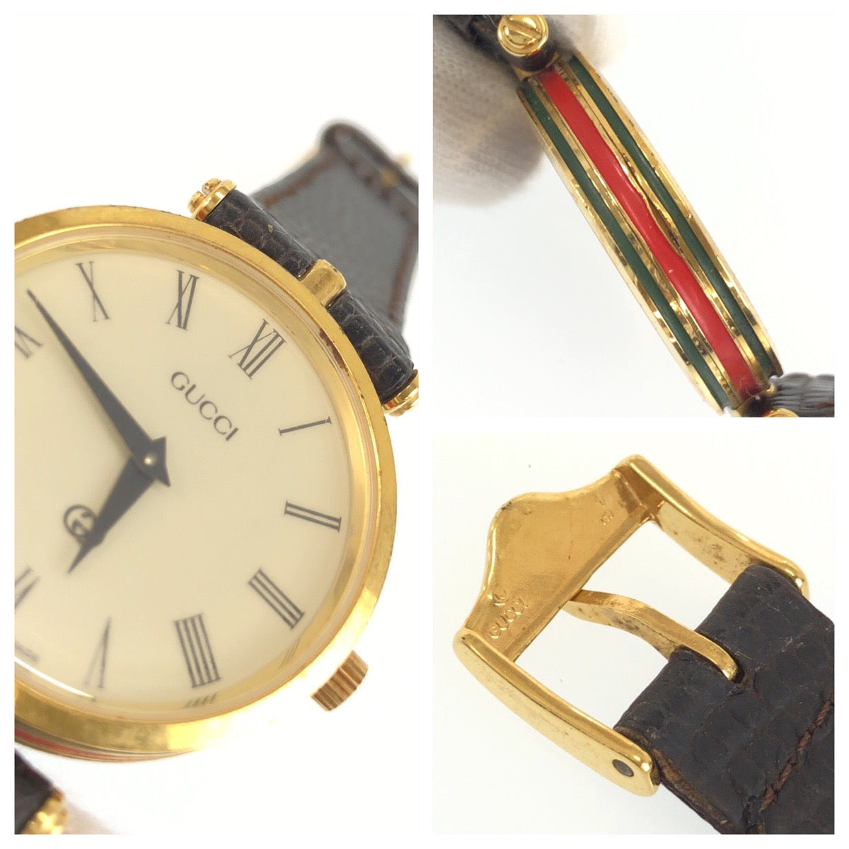 GUCCI グッチ ヴィンテージ オールドグッチ シェリーライン 型押し ブラウン ゴールド金具 メッキ / レザー 2040M 腕時計 16刻印 クオーツ アイボリー文字盤 メンズ B16