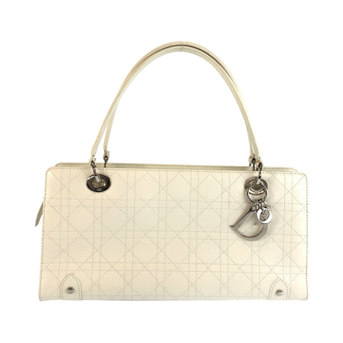 Christian Dior クリスチャンディオール レディディオール カナージュステッチ ホワイト クリーム シルバー金具 レザー 05-MA-1024 ハンドバッグ ショルダーバッグ レディース ABP98