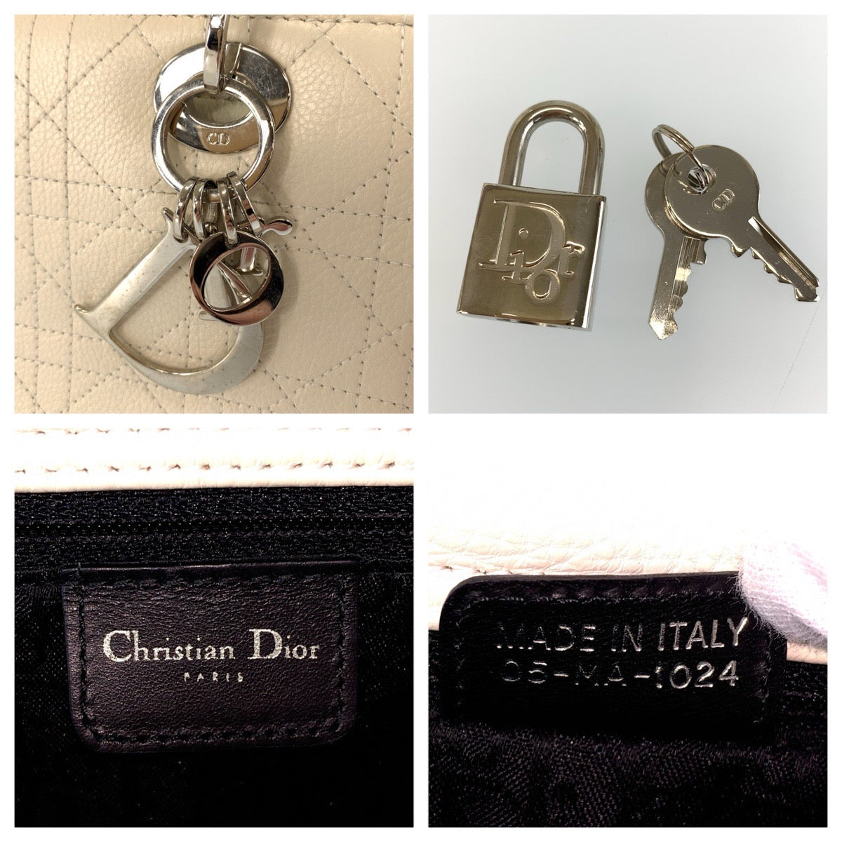Christian Dior クリスチャンディオール レディディオール カナージュステッチ ホワイト クリーム シルバー金具 レザー 05-MA-1024 ハンドバッグ ショルダーバッグ レディース ABP98