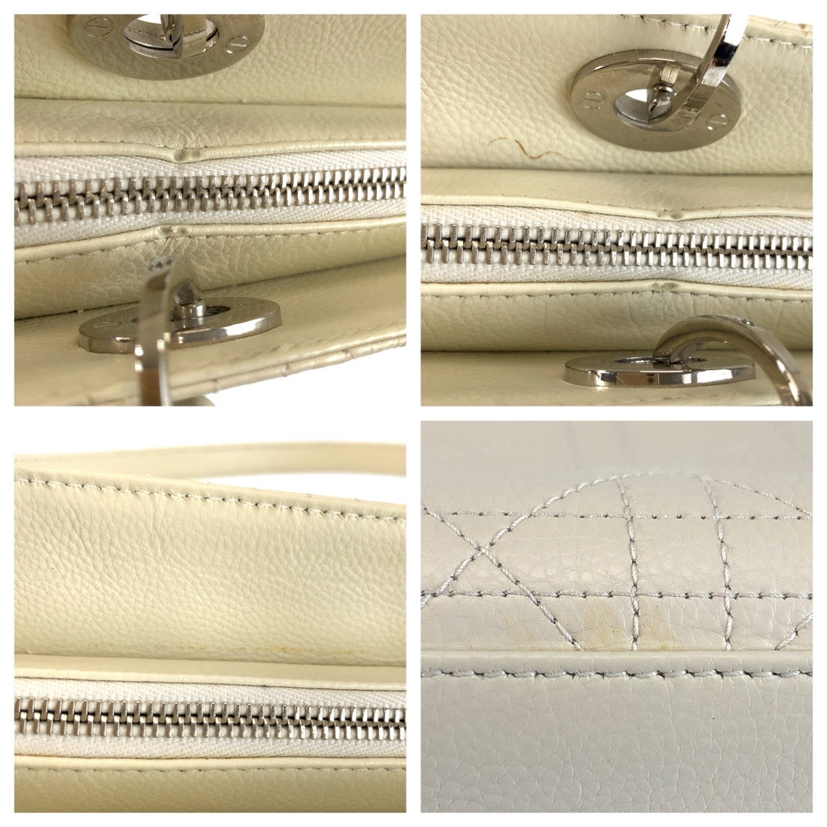 Christian Dior クリスチャンディオール レディディオール カナージュステッチ ホワイト クリーム シルバー金具 レザー 05-MA-1024 ハンドバッグ ショルダーバッグ レディース ABP98