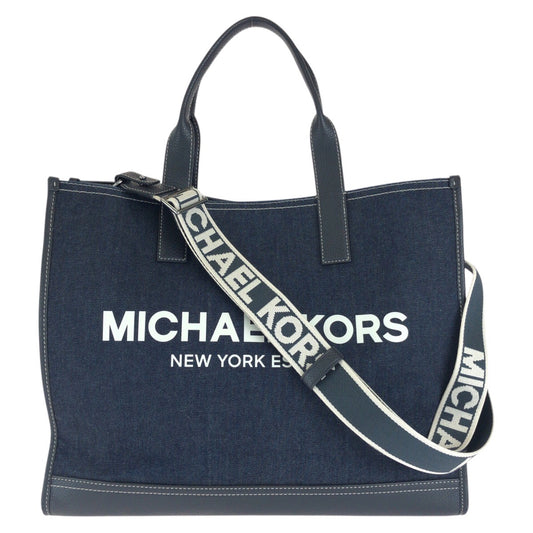 Michael Kors マイケルコース COOPER デニム トップジップ ストラクチャー 2way ブルー ホワイト シルバー金具 コットン / レザー トートバッグ ショルダーバッグ レディース AB