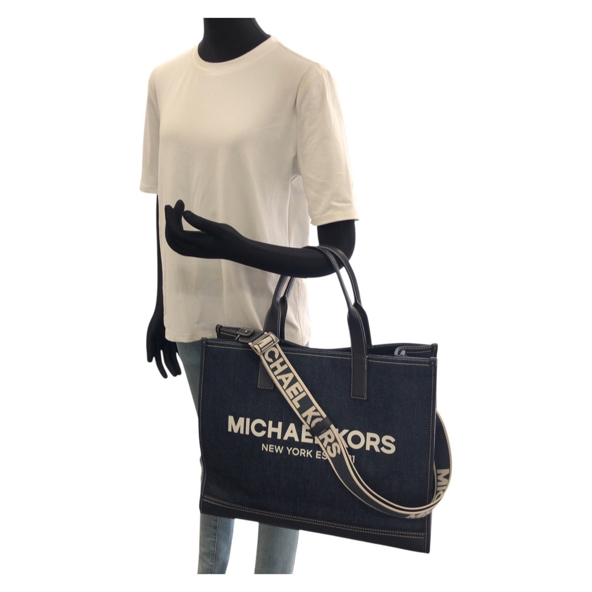 Michael Kors マイケルコース COOPER デニム トップジップ ストラクチャー 2way ブルー ホワイト シルバー金具 コットン / レザー トートバッグ ショルダーバッグ レディース AB