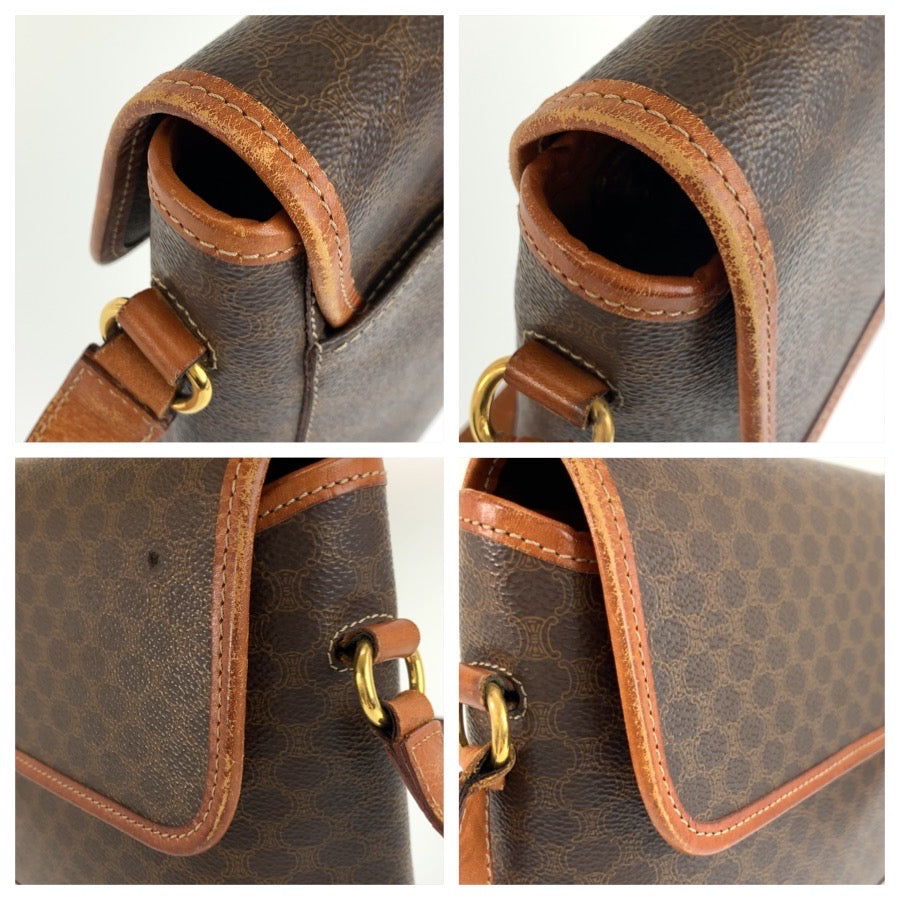 CELINE セリーヌ ヴィンテージ マカダム ブラウン ゴールド金具 PVC / レザー M95 ショルダーバッグ ポシェット レディース AB20