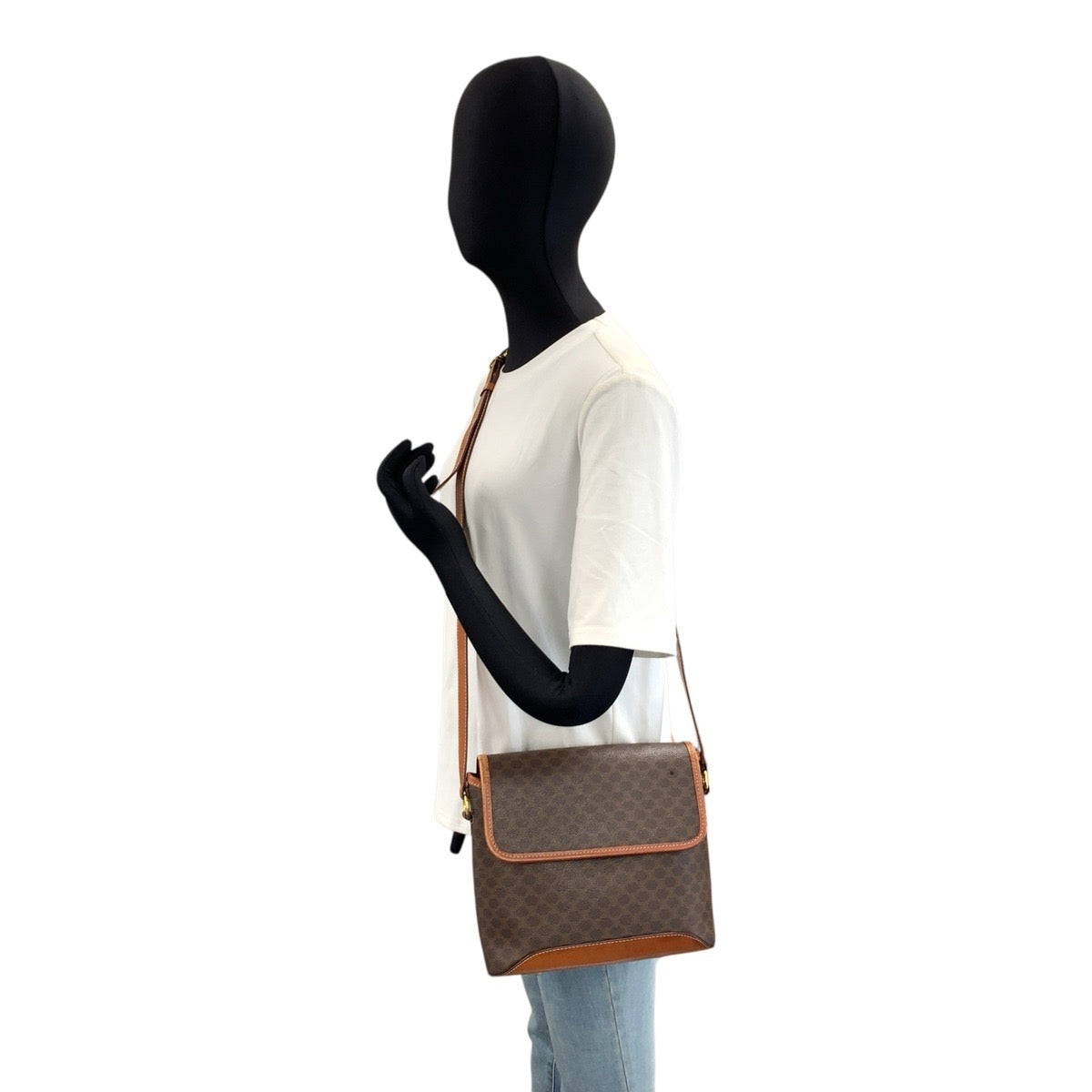 CELINE セリーヌ ヴィンテージ マカダム ブラウン ゴールド金具 PVC / レザー M95 ショルダーバッグ ポシェット レディース AB20