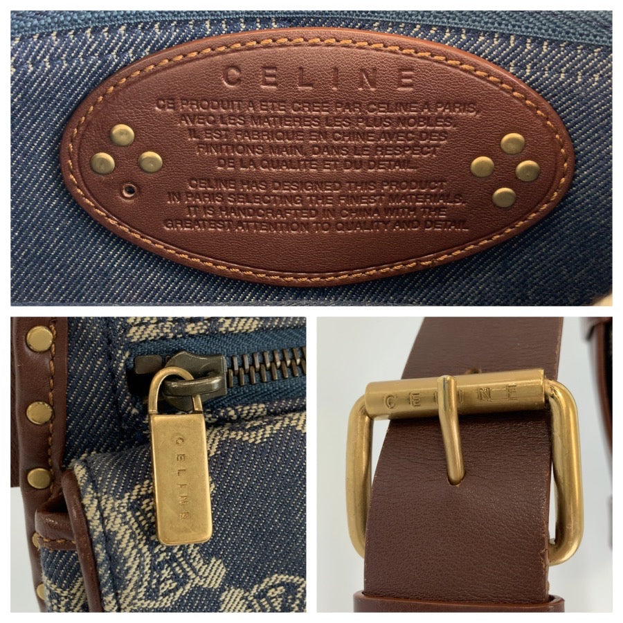 CELINE セリーヌ ヴィンテージ パリマカダム ブルー ブラウン ゴールド金具 デニム / レザー ボディバッグ ウエストポーチ レディース ABP70