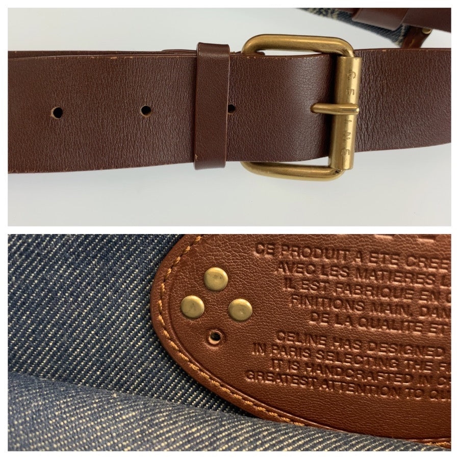CELINE セリーヌ ヴィンテージ パリマカダム ブルー ブラウン ゴールド金具 デニム / レザー ボディバッグ ウエストポーチ レディース ABP70