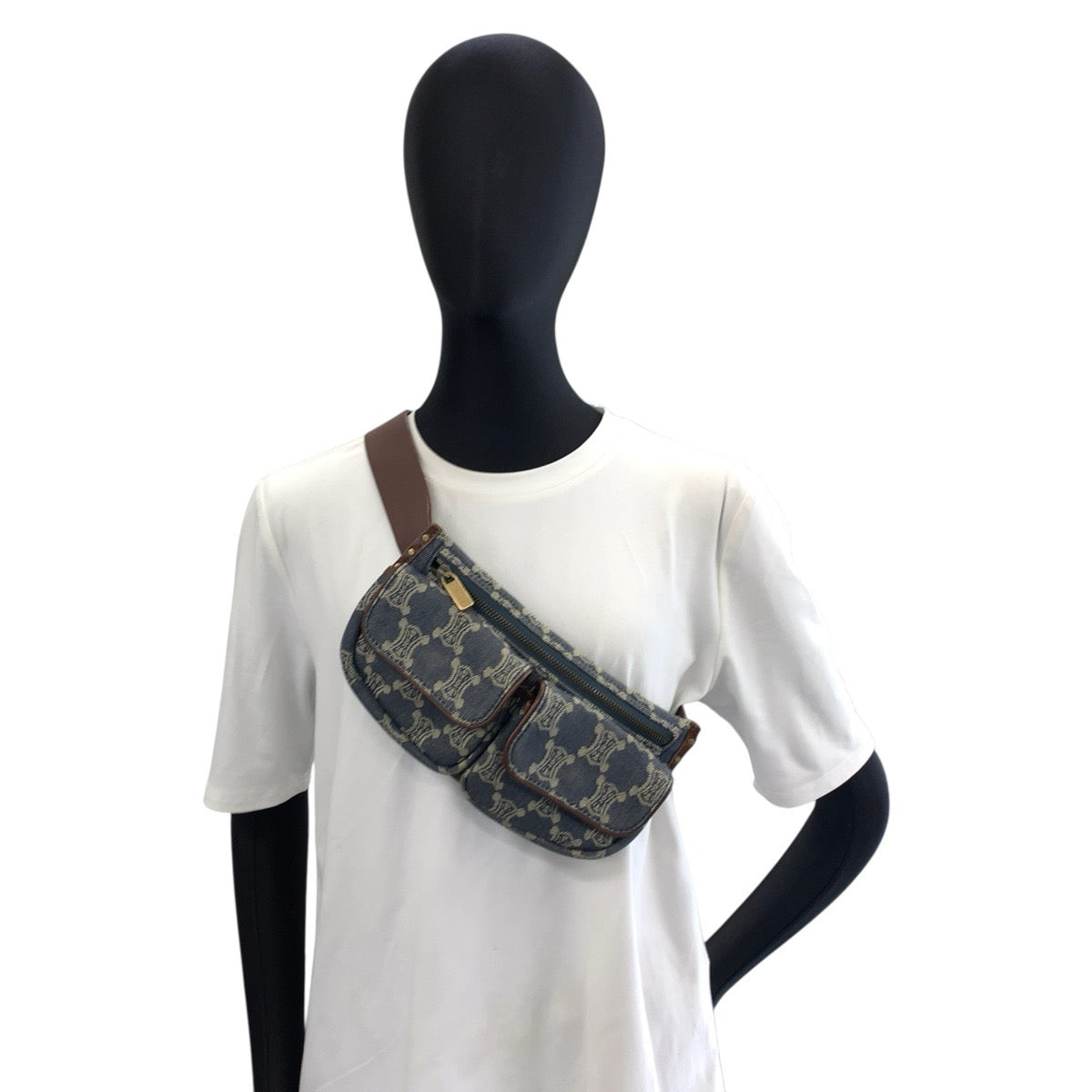 CELINE セリーヌ ヴィンテージ パリマカダム ブルー ブラウン ゴールド金具 デニム / レザー ボディバッグ ウエストポーチ レディース ABP70