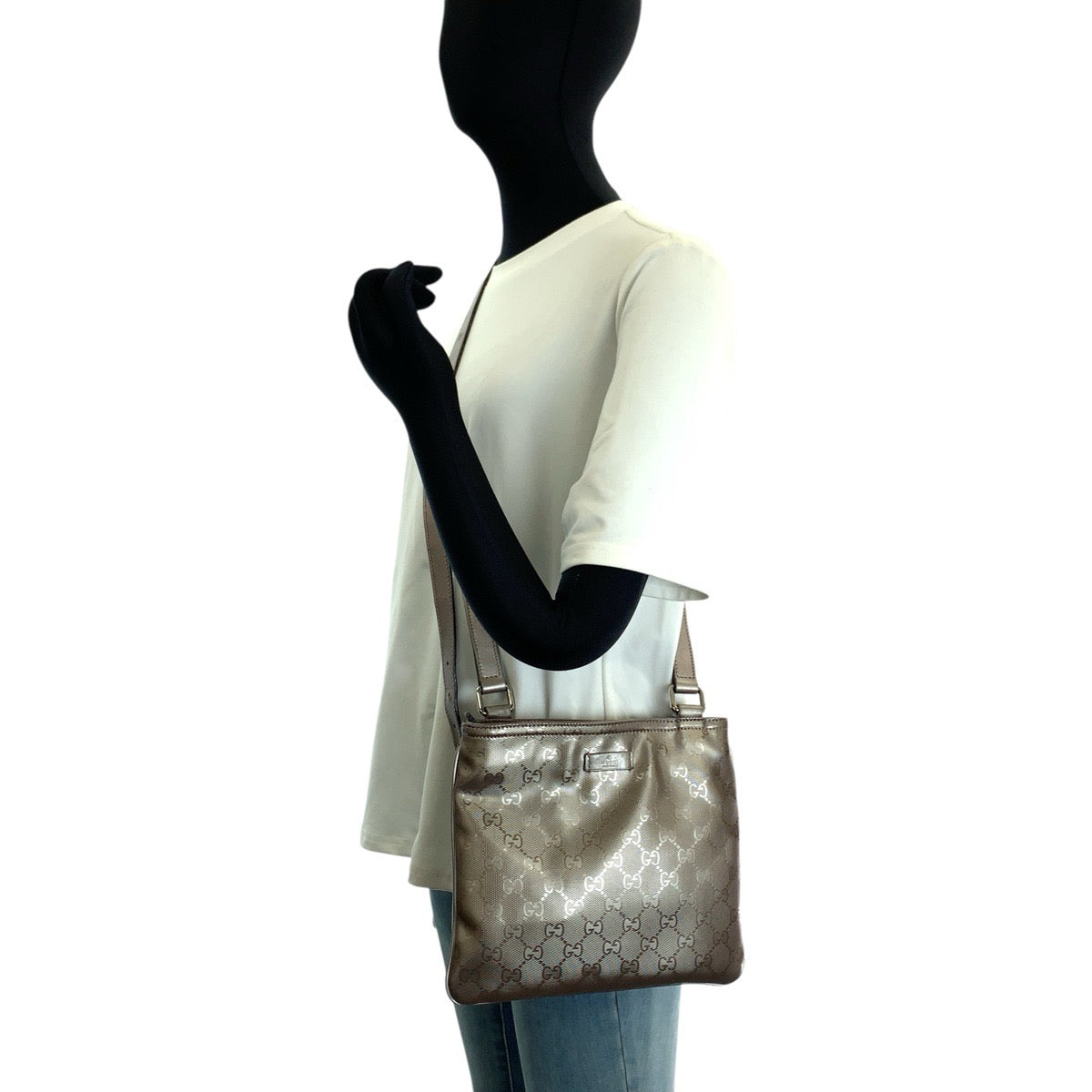 GUCCI グッチ GGインプリメ ベージュ メタリックベージュ シルバー金具 PVC 201538 ショルダーバッグ ポシェット レディース B45