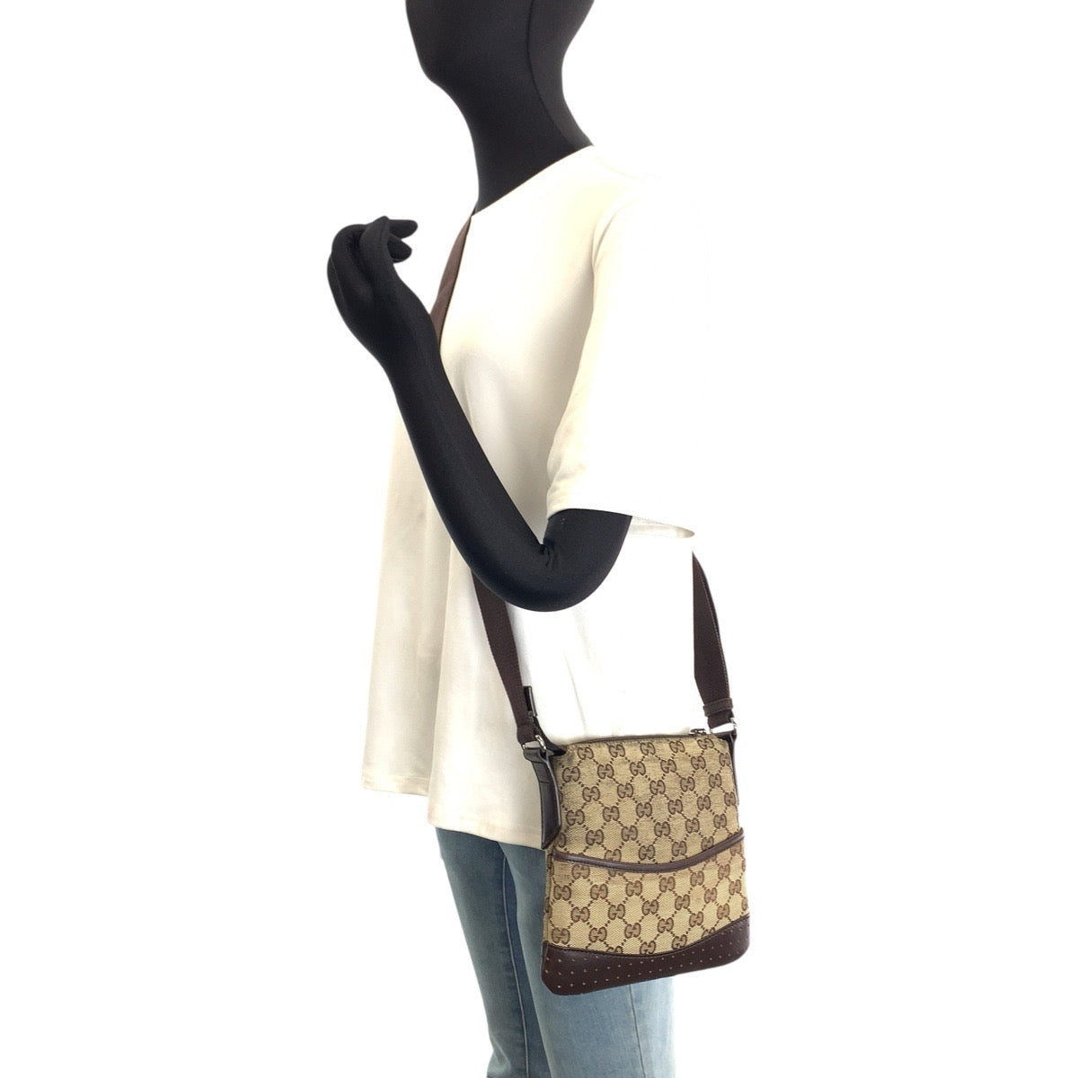 GUCCI グッチ ブラウン シルバー金具 GGキャンバス / レザー 147671 ショルダーバッグ ポシェット レディース B23