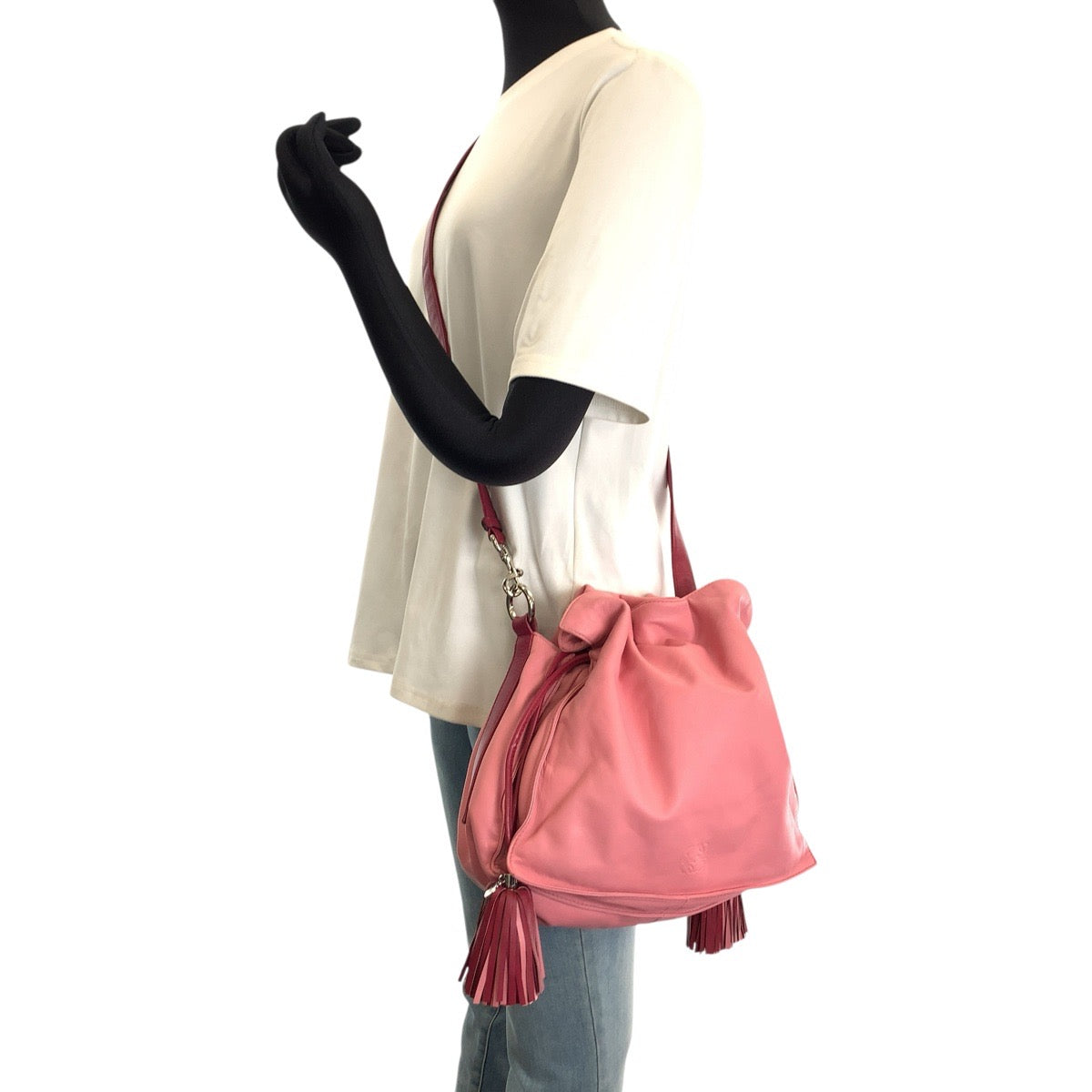 LOEWE ロエベ フラメンコ フリンジ ピンク ボルドー シルバー金具 レザー ショルダーバッグ メッセンジャーバッグ レディース AB53