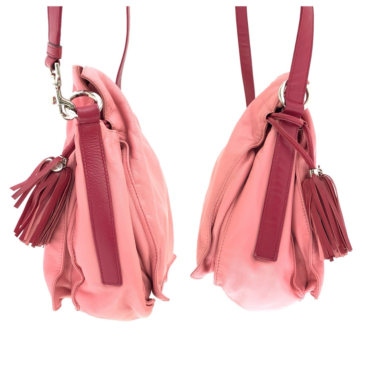 LOEWE ロエベ フラメンコ フリンジ ピンク ボルドー シルバー金具 レザー ショルダーバッグ メッセンジャーバッグ レディース AB53