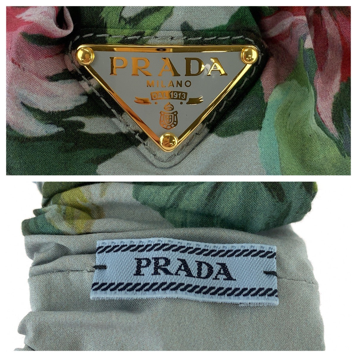 PRADA プラダ ボタニカル柄 フラワープリント 三角ロゴプレート ブルー マルチカラー ファブリック 髪飾り シュシュ ヘアアクセサリー レディース ABP43