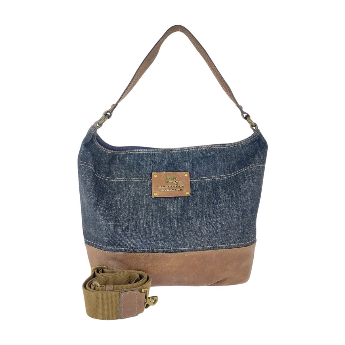 BURBERRY BLUE LABEL バーバリーブルーレーベル ネイビー ブラウン デニム / レザー ショルダーバッグ 2WAY レディース B14
