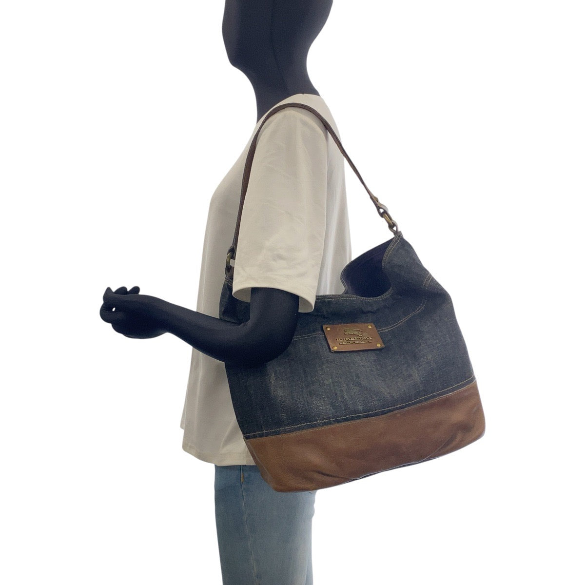 BURBERRY BLUE LABEL バーバリーブルーレーベル ネイビー ブラウン デニム / レザー ショルダーバッグ 2WAY レディース B14