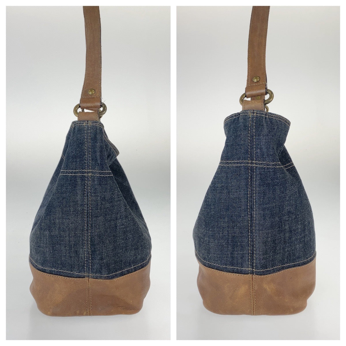 BURBERRY BLUE LABEL バーバリーブルーレーベル ネイビー ブラウン デニム / レザー ショルダーバッグ 2WAY レディース B14